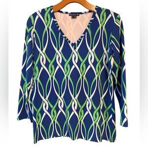 Melly M. Sz M Blue Green Rope Preppy 3/4 Sleeve V-Neck Resort Style Top